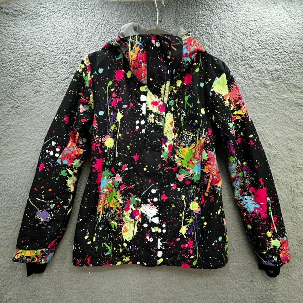 GSOU SNOW 10K Ski Jacket Womens Small Neon Paint Splatter Waterproof Hooded Coat